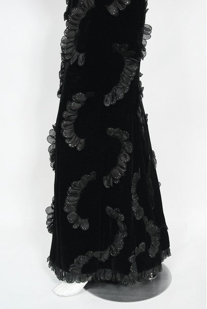 1984 Givenchy Haute Couture Silk Petal Applique Velvet Hourglass Gown