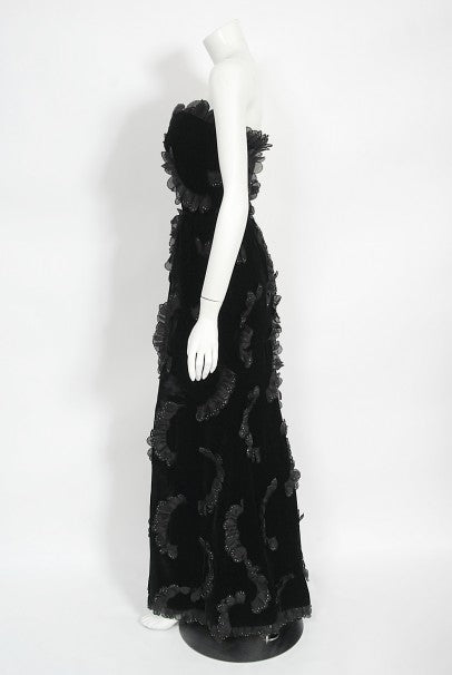 1984 Givenchy Haute Couture Silk Petal Applique Velvet Hourglass Gown