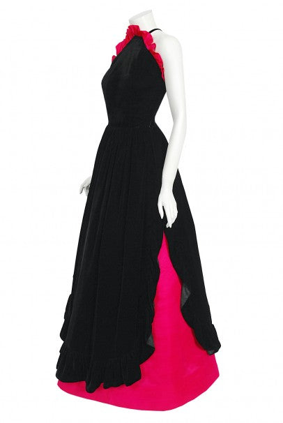 1982 Chanel Haute Couture Black Velvet and Shocking Pink Silk Halter Gown