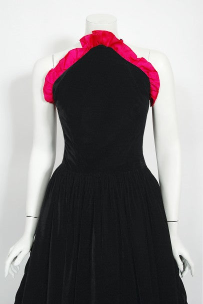 1982 Chanel Haute Couture Black Velvet and Shocking Pink Silk Halter Gown