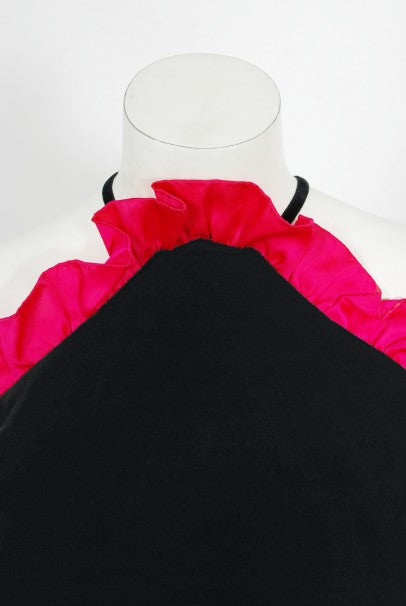 1982 Chanel Haute Couture Black Velvet and Shocking Pink Silk Halter Gown