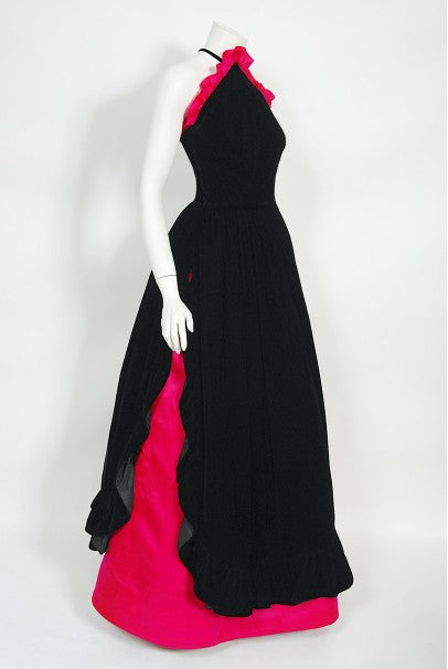 1982 Chanel Haute Couture Black Velvet and Shocking Pink Silk