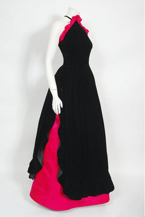 1982 Chanel Haute Couture Black Velvet and Shocking Pink Silk Halter Gown