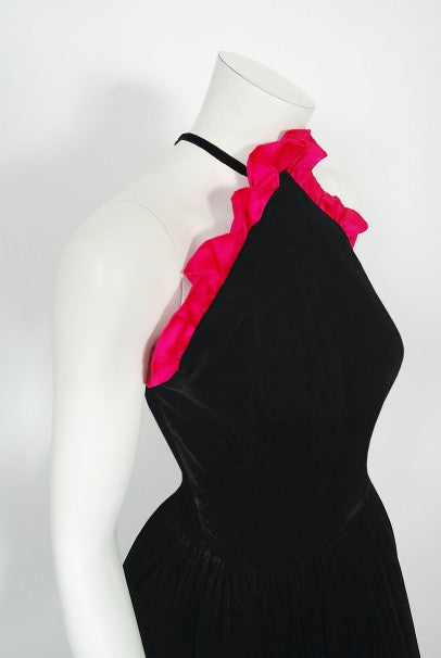 1982 Chanel Haute Couture Black Velvet and Shocking Pink Silk Halter Gown