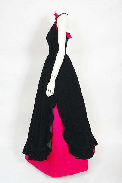 1982 Chanel Haute Couture Black Velvet and Shocking Pink Silk Halter Gown