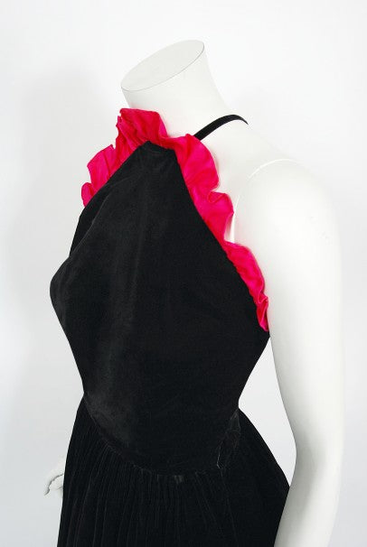 1982 Chanel Haute Couture Black Velvet and Shocking Pink Silk Halter Gown