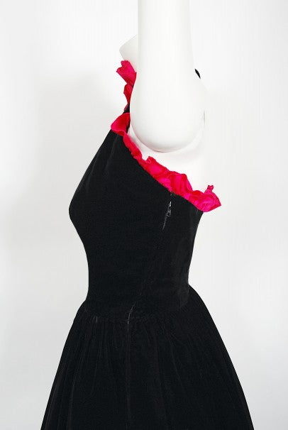 1982 Chanel Haute Couture Black Velvet and Shocking Pink Silk Halter Gown