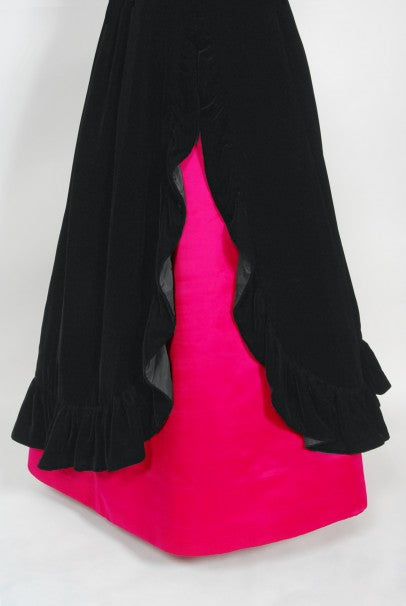 1982 Chanel Haute Couture Black Velvet and Shocking Pink Silk Halter Gown