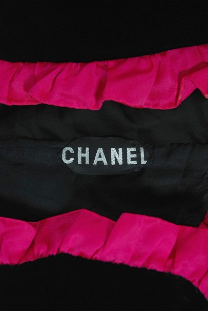 1982 Chanel Haute Couture Black Velvet and Shocking Pink Silk Halter Gown