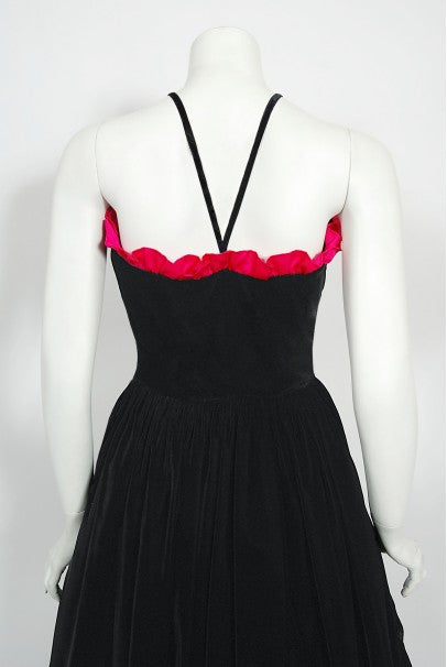 1982 Chanel Haute Couture Black Velvet and Shocking Pink Silk Halter Gown