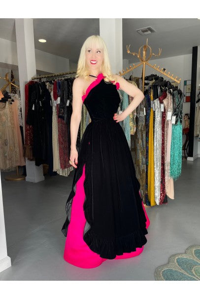 1982 Chanel Haute Couture Black Velvet and Shocking Pink Silk Halter Gown