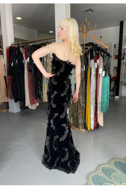 1984 Givenchy Haute Couture Silk Petal Applique Velvet Hourglass Gown