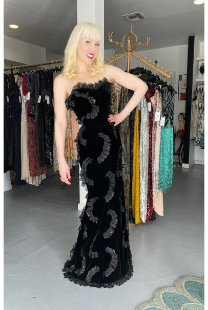 1984 Givenchy Haute Couture Silk Petal Applique Velvet Hourglass Gown