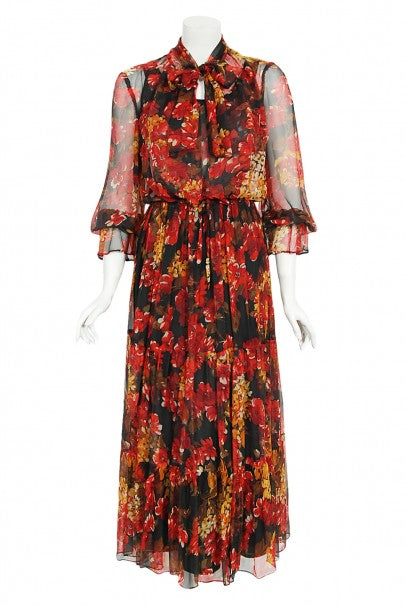 1970&#39;s Léron Creation Sunset Floral Sheer Silk Chiffon Maxi Dress &amp; Tie-Neck Jacket