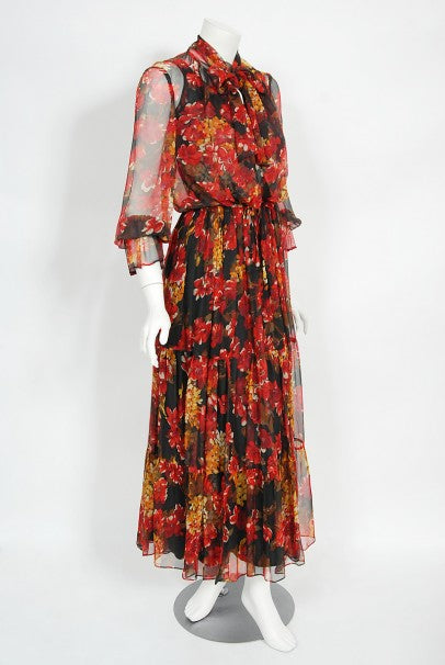 1970&#39;s Léron Creation Sunset Floral Sheer Silk Chiffon Maxi Dress &amp; Tie-Neck Jacket