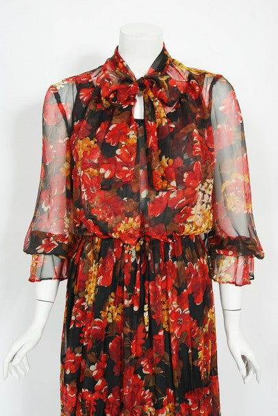 1970&#39;s Léron Creation Sunset Floral Sheer Silk Chiffon Maxi Dress &amp; Tie-Neck Jacket