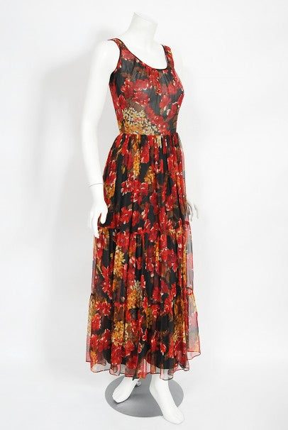 1970&#39;s Léron Creation Sunset Floral Sheer Silk Chiffon Maxi Dress &amp; Tie-Neck Jacket