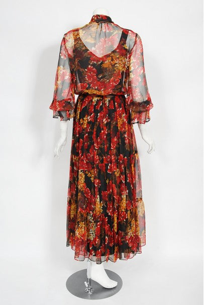 1970's Léron Creation Floral Sheer Silk Chiffon Maxi Dress & Jacket 1970's Léron Creation Floral Sheer Silk Chiffon Maxi Dress & Jacket