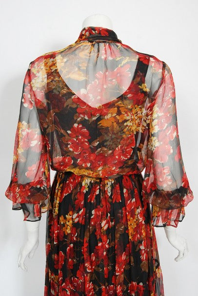 1970&#39;s Léron Creation Sunset Floral Sheer Silk Chiffon Maxi Dress &amp; Tie-Neck Jacket