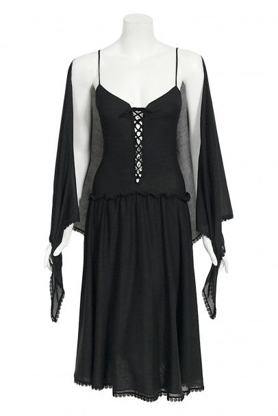 1977 Sant Angelo Documented Black Jersey Lace-Up Bodysuit Dress &amp; Shawl
