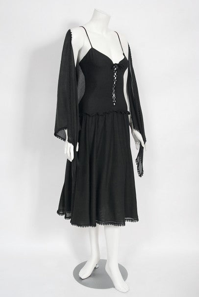1977 Sant Angelo Documented Black Jersey Lace-Up Bodysuit Dress &amp; Shawl