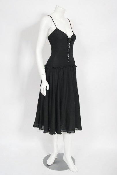 1977 Sant Angelo Documented Black Jersey Lace-Up Bodysuit Dress &amp; Shawl