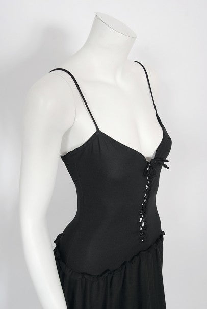 1977 Sant Angelo Documented Black Jersey Lace-Up Bodysuit Dress &amp; Shawl