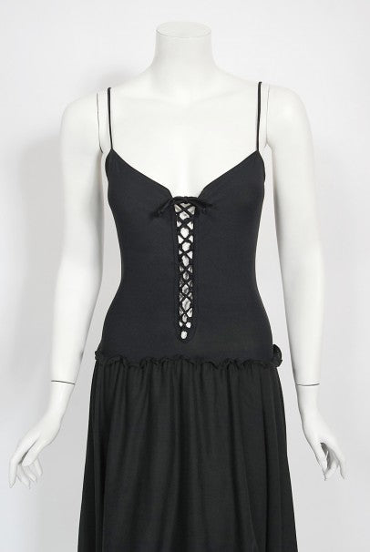 1977 Sant Angelo Documented Black Jersey Lace-Up Bodysuit Dress &amp; Shawl