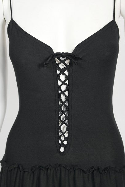 1977 Sant Angelo Documented Black Jersey Lace-Up Bodysuit Dress &amp; Shawl