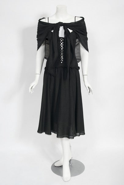 1977 Sant Angelo Documented Black Jersey Lace-Up Bodysuit Dress &amp; Shawl