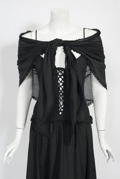 1977 Sant Angelo Documented Black Jersey Lace-Up Bodysuit Dress &amp; Shawl