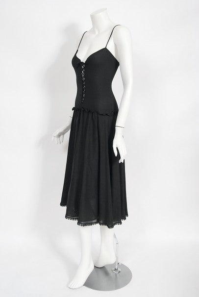 1977 Sant Angelo Documented Black Jersey Lace-Up Bodysuit Dress &amp; Shawl