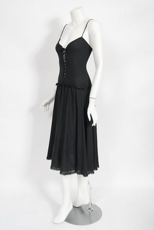 1977 Sant Angelo Documented Black Jersey Lace-Up Bodysuit Dress & Shawl