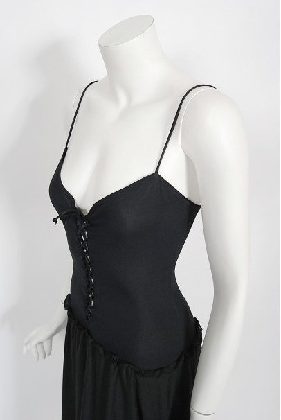 1977 Sant Angelo Documented Black Jersey Lace-Up Bodysuit Dress &amp; Shawl