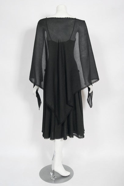 1977 Sant Angelo Documented Black Jersey Lace-Up Bodysuit Dress &amp; Shawl