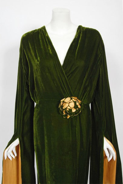 1930's Princess Obolensky Olive Green Velvet Winged-Sleeve Dressing Go - Timeless Vixen 1930's Princess Obolensky Olive Green Velvet Winged-Sleeve Dressing Go - Timeless Vixen