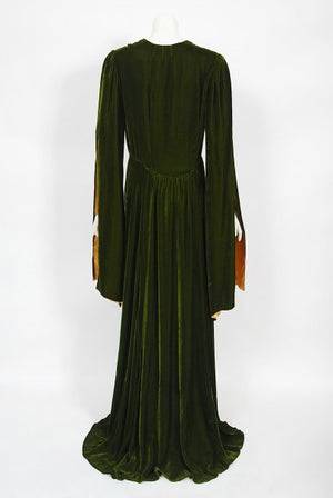 1930's Princess Obolensky Olive Green Velvet Winged-Sleeve Dressing Gown