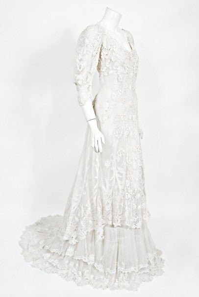 1908 Edwardian Couture White Irish Crochet Lace & Sheer Net Bridal Gow