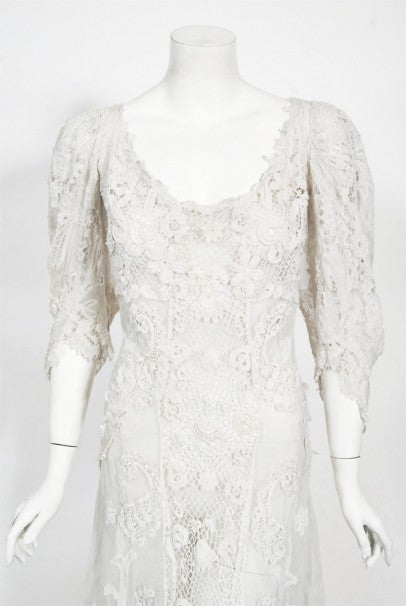 1908 Edwardian Couture White Irish Crochet Lace &amp; Sheer Net Bridal Gown