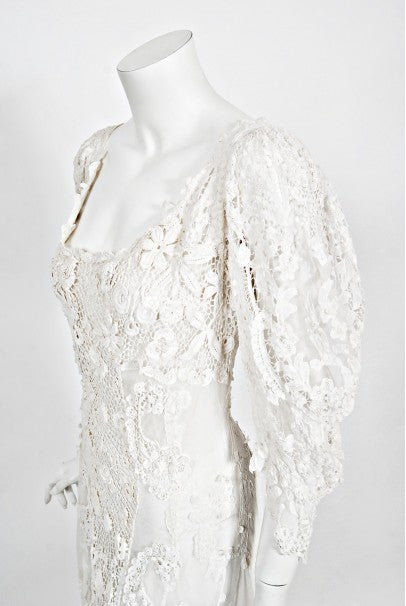 1908 Edwardian Couture White Irish Crochet Lace &amp; Sheer Net Bridal Gown