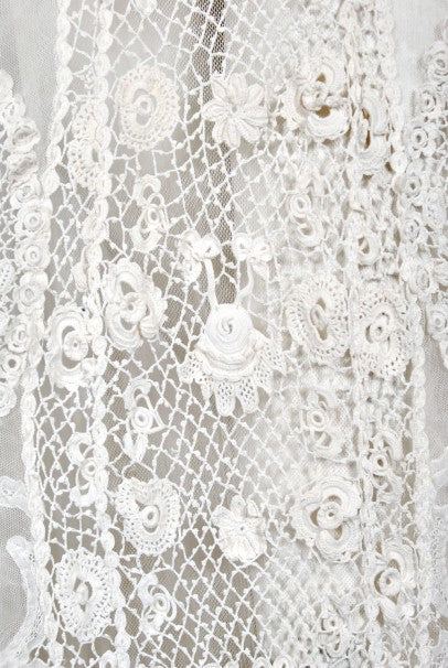 1908 Edwardian Couture White Irish Crochet Lace &amp; Sheer Net Bridal Gown