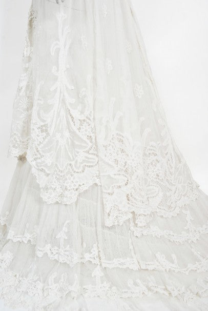 1908 Edwardian Couture White Irish Crochet Lace &amp; Sheer Net Bridal Gown