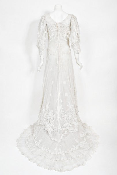 1908 Edwardian Couture White Irish Crochet Lace &amp; Sheer Net Bridal Gown