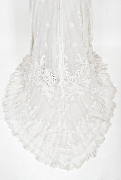 1908 Edwardian Couture White Irish Crochet Lace &amp; Sheer Net Bridal Gown