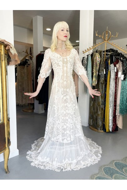 1908 Edwardian Couture White Irish Crochet Lace & Sheer Net Bridal Gown
