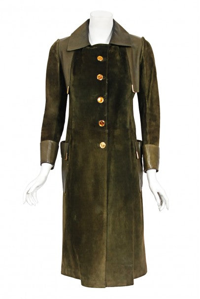 1970&#39;s Gucci Olive-Green Leather Suede Logo Enamel Trench Coat Jacket