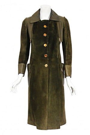 1970's Gucci Olive-Green Leather Suede Logo Enamel Trench Coat Jacket