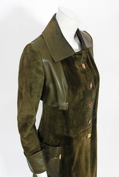 1970&#39;s Gucci Olive-Green Leather Suede Logo Enamel Trench Coat Jacket