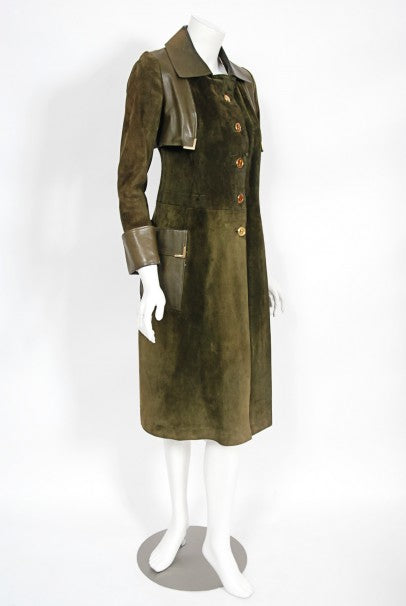 1970's Gucci Olive-Green Leather Suede Logo Enamel Trench Coat