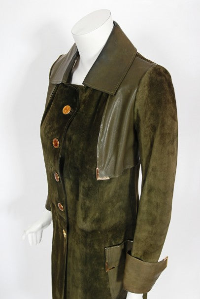 1970&#39;s Gucci Olive-Green Leather Suede Logo Enamel Trench Coat Jacket
